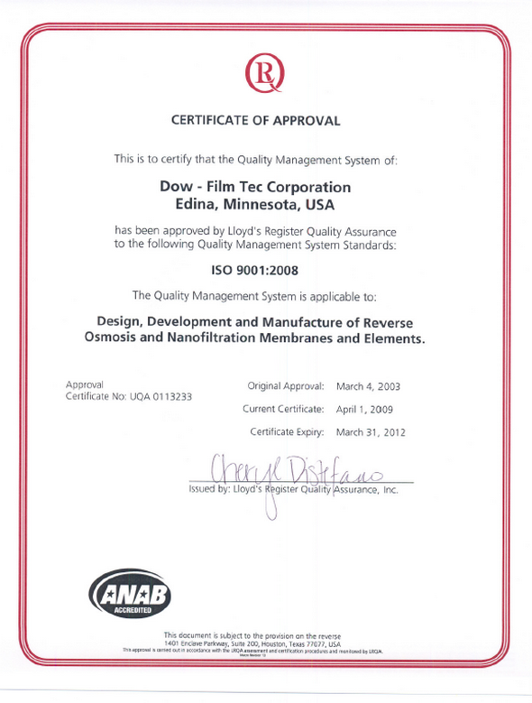 Reverse Osmosis Membranları ISO 90012008 sertifikası-K